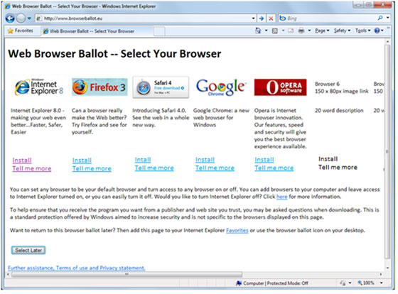 internet exploer ballout navegadores -  Microsoft faz nova proposta à Comissão Europeia: tela na qual usuário poderá escolher navegador