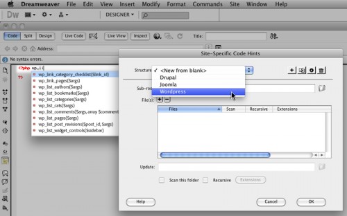 codehinting 500x312 - Suporte para o WordPress no Dreamweaver CS5