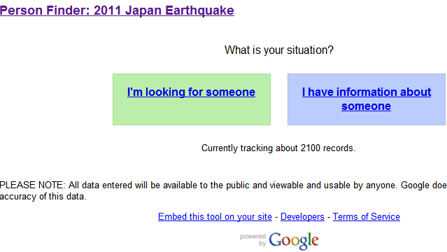 google person finder japan thumb - Google lança serviço para localizar desaparecidos em terremoto no Japão